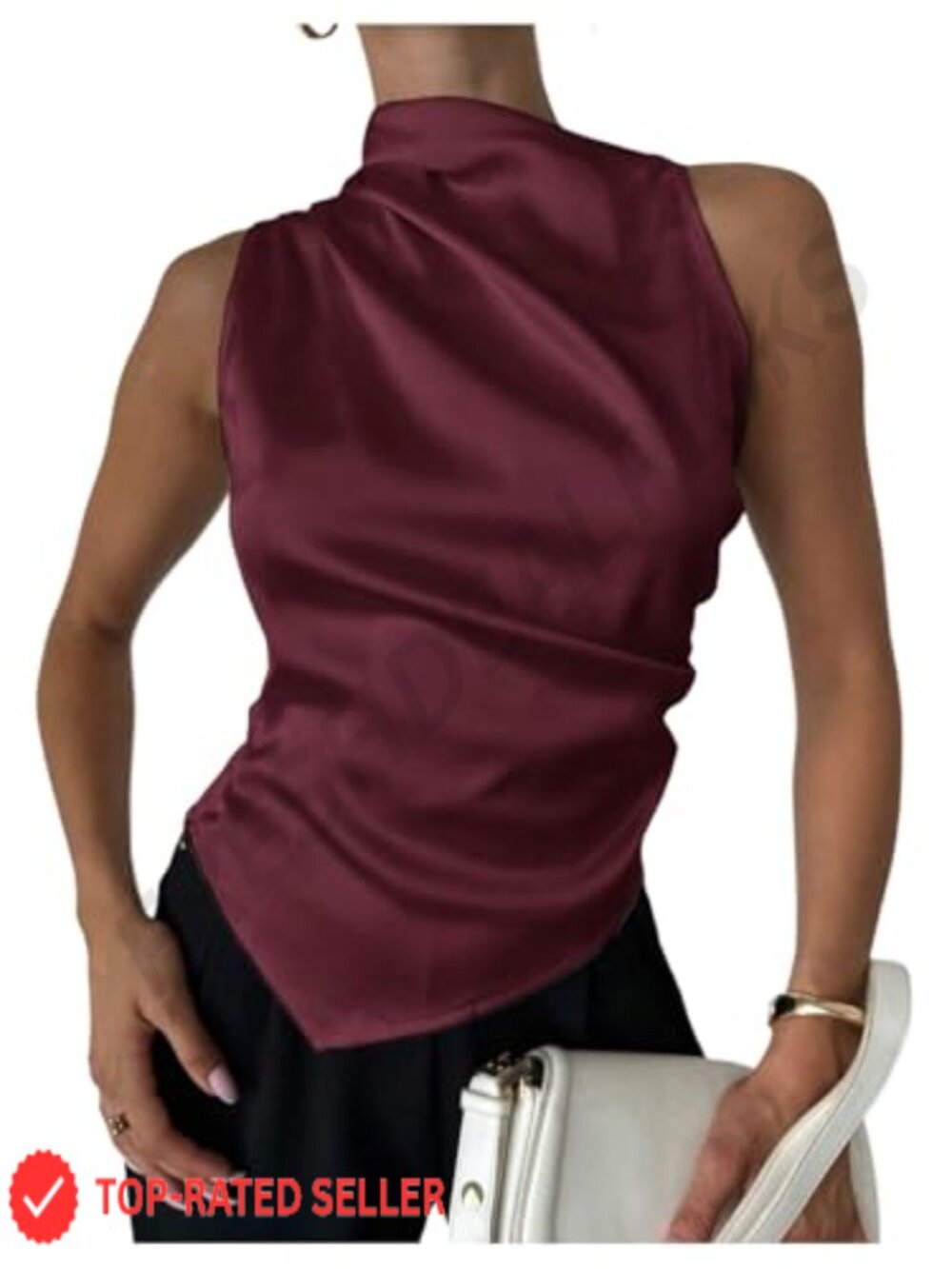 Mock Neck Satin Blouse Sleeveless Ruched Asymmetrical Elegant Dressy Top